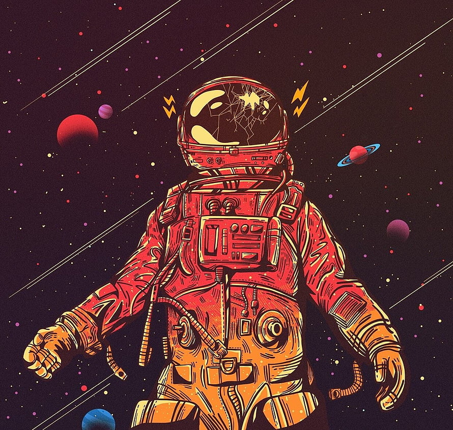 Retro Sci-Fi Astronaut Illustration in Deep Space with Planets and Stars HD wallpaper