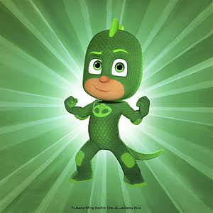 Gekko from PJ Masks in a dynamic green superhero pose with radiating light background HD phone wallpaper