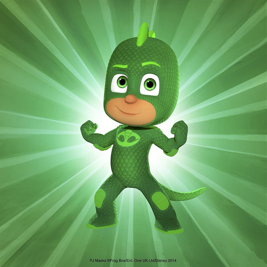 Gekko from PJ Masks in a dynamic green superhero pose with radiating light background HD phone wallpaper
