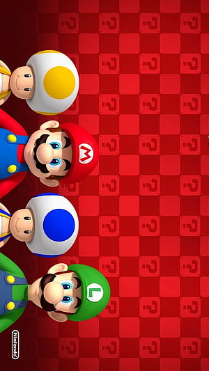 Super Mario Bros Characters and Toads on Red Question Block Pattern HD phone wallpaper