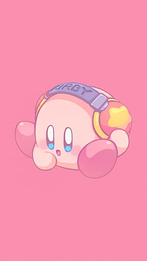 Cute Kirby Character Wearing Headphones on Soft Pink Background HD phone wallpaper