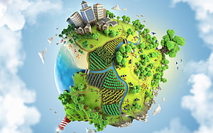 Cute 3D Miniature Planet with City, Farms, and Rivers in a Cloudy Sky HD wallpaper