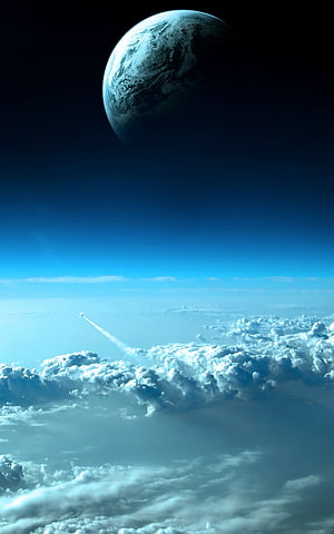 Dramatic View of Earth From Above the Clouds With a Distant Planet in the Sky HD phone wallpaper