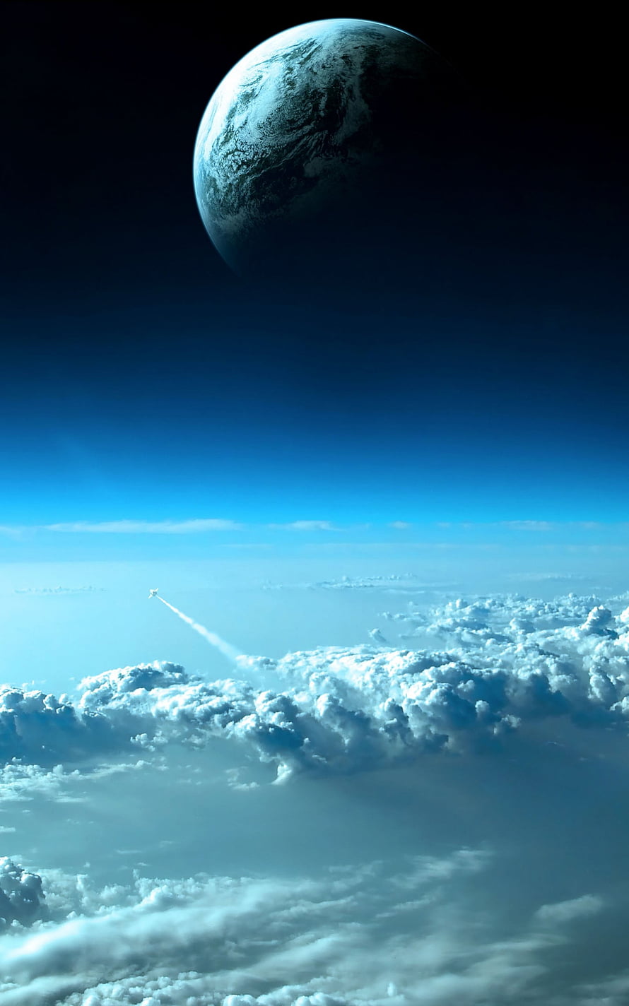 Dramatic View of Earth From Above the Clouds With a Distant Planet in the Sky HD phone wallpaper