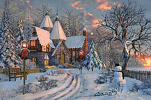 Festive Snow-Covered Cottage with Christmas Tree and Snowman at Winter Sunset HD wallpaper