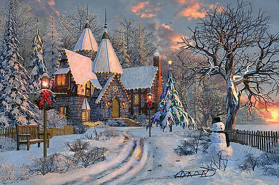 Festive Snow-Covered Cottage with Christmas Tree and Snowman at Winter Sunset HD wallpaper