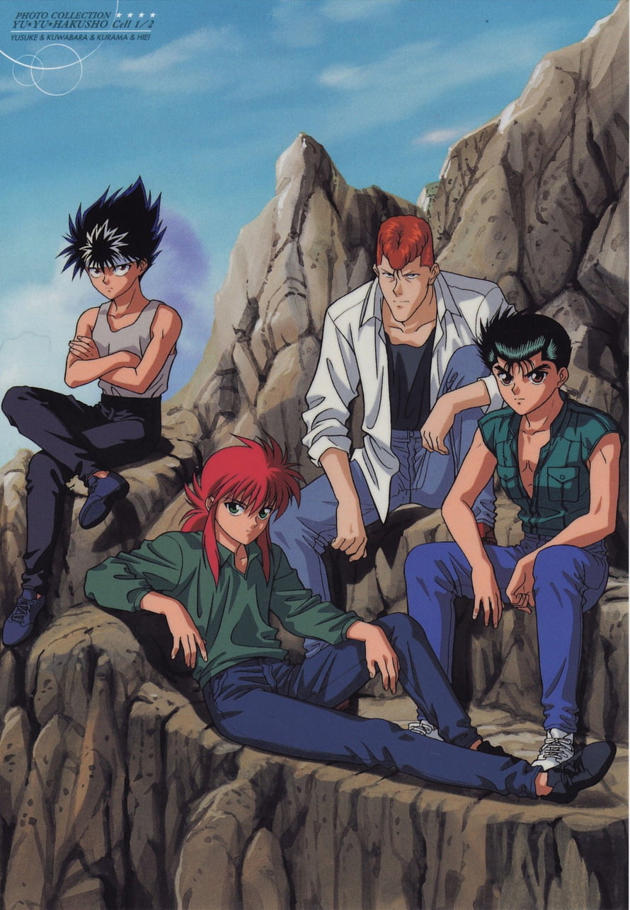 Yu Yu Hakusho Anime Characters Sitting on Rocky Cliffs Under Blue Sky HD phone wallpaper