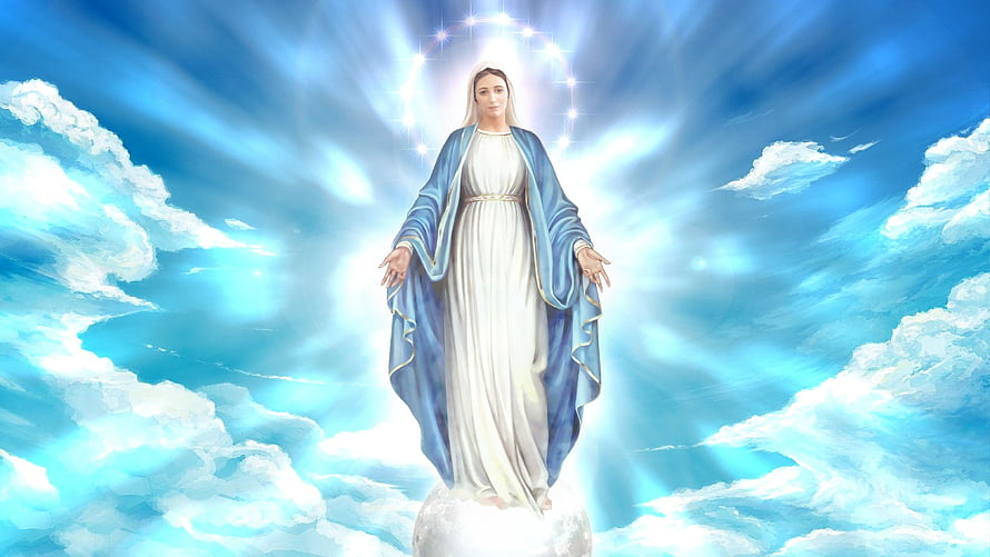 Mother Mary in White Robe and Blue Mantle Standing on Clouds with Radiant Halo HD wallpaper