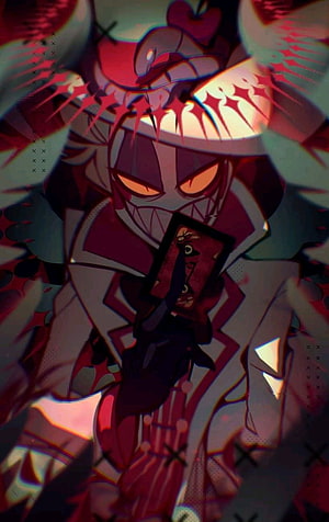 Lucifer Morningstar from Hazbin Hotel in a dark, stylized anime illustration with glowing eyes and red accents HD phone wallpaper
