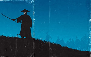 Silhouette of a Samurai with Katana Facing a Horde of Zombies in Blue Toned Art HD wallpaper