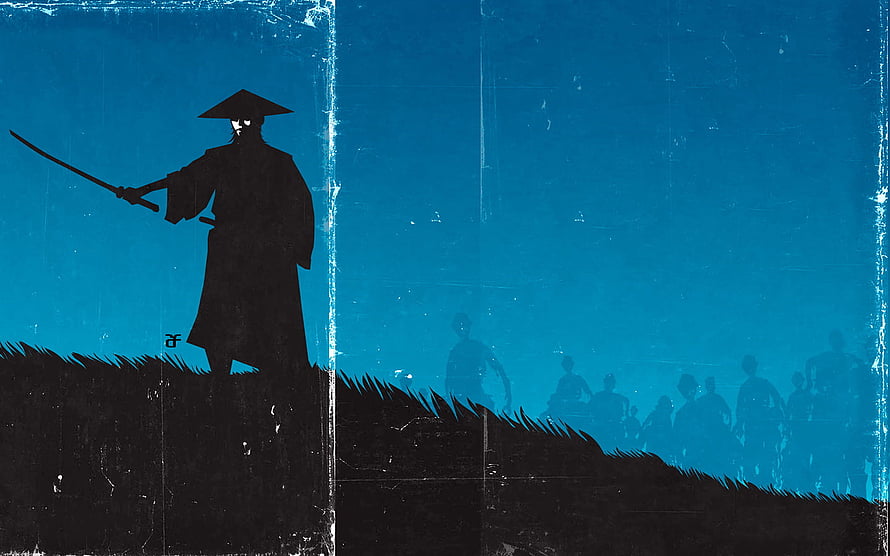 Silhouette of a Samurai with Katana Facing a Horde of Zombies in Blue Toned Art HD wallpaper