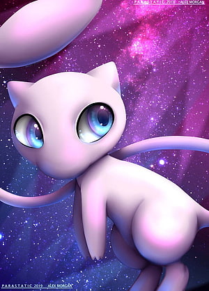 Mew from Pokemon in a dreamy cosmic nebula with large expressive eyes and soft pastel tones HD phone wallpaper