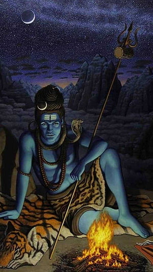 Lord Shiva Meditation Illustration with Trishula and Tiger Skin Under Starry Night Sky HD phone wallpaper