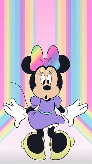 Minnie Mouse in a purple dress with a rainbow bow against a pastel striped background HD phone wallpaper