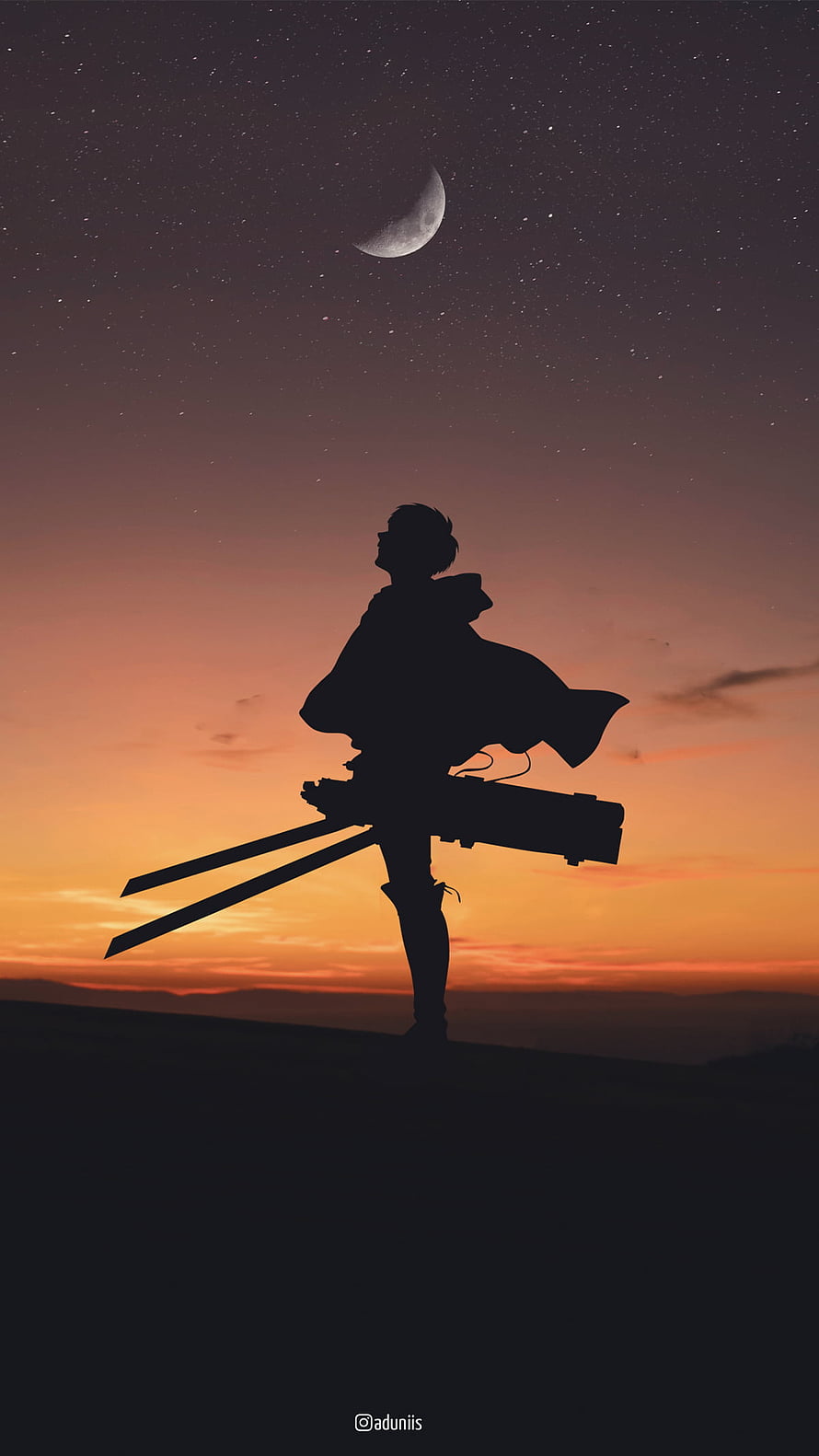 Eren Yeager Silhouette Standing on Hilltop at Sunset with Crescent Moon and Stars HD phone wallpaper