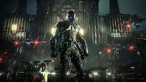 Batman Arkham Knight Cinematic Scene in Rainy Gotham City with Military Vehicles HD wallpaper
