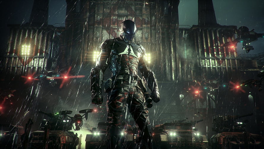 Batman Arkham Knight Cinematic Scene in Rainy Gotham City with Military Vehicles HD wallpaper