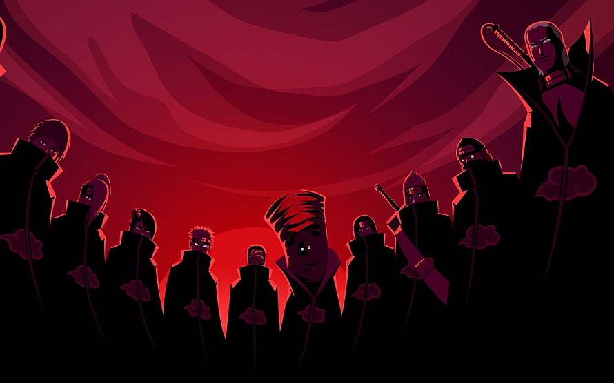 Naruto Akatsuki Members Silhouetted Against Dramatic Red Sky HD wallpaper