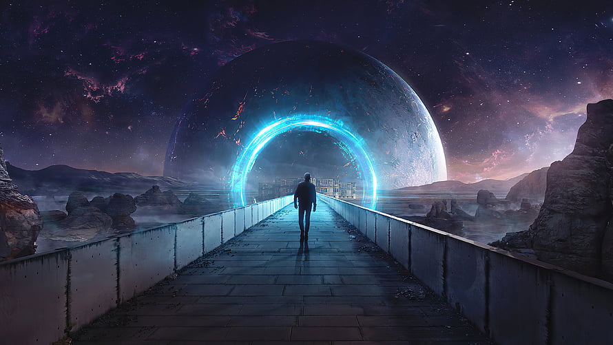 Silhouette Walking Through Glowing Space Portal On Alien Planet Bridge HD wallpaper