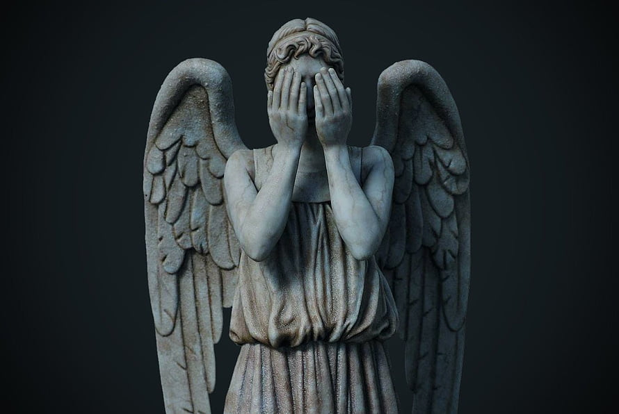 Weeping Angel Statue Covering Face With Wings Spread Against Dark Background HD wallpaper