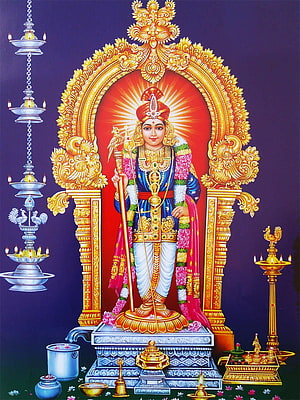 Pazhani Murugan deity illustration with ornate golden arch and traditional oil lamps HD phone wallpaper