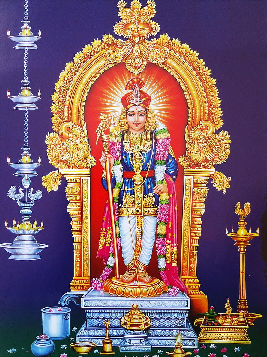 Pazhani Murugan deity illustration with ornate golden arch and traditional oil lamps HD phone wallpaper