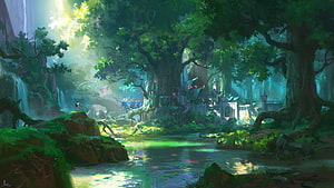 Mystical Forest Village with Waterfall and Ancient Trees in Fantasy Anime Style HD wallpaper