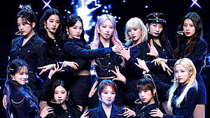 IZ*ONE K-Pop Group Stage Performance in Matching Pinstripe Outfits HD wallpaper