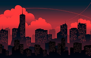 Minimalist Red Skyline Cityscape with Dramatic Clouds and Twilight Sky HD wallpaper