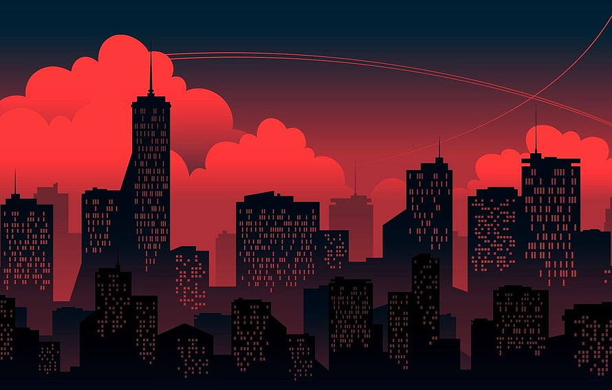 Minimalist Red Skyline Cityscape with Dramatic Clouds and Twilight Sky HD wallpaper