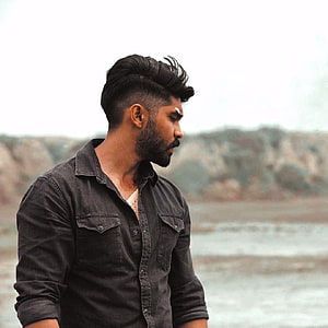 Dhruv Vikram in a dark denim shirt with a modern undercut hairstyle and beard HD phone wallpaper