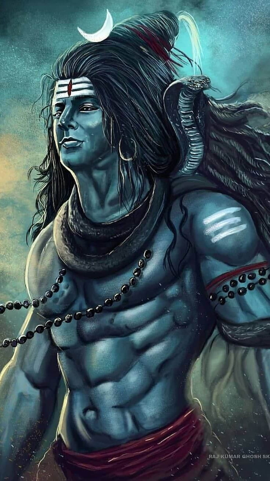 Lord Shiva Digital Art Portrait With Snake And Crescent Moon HD phone wallpaper