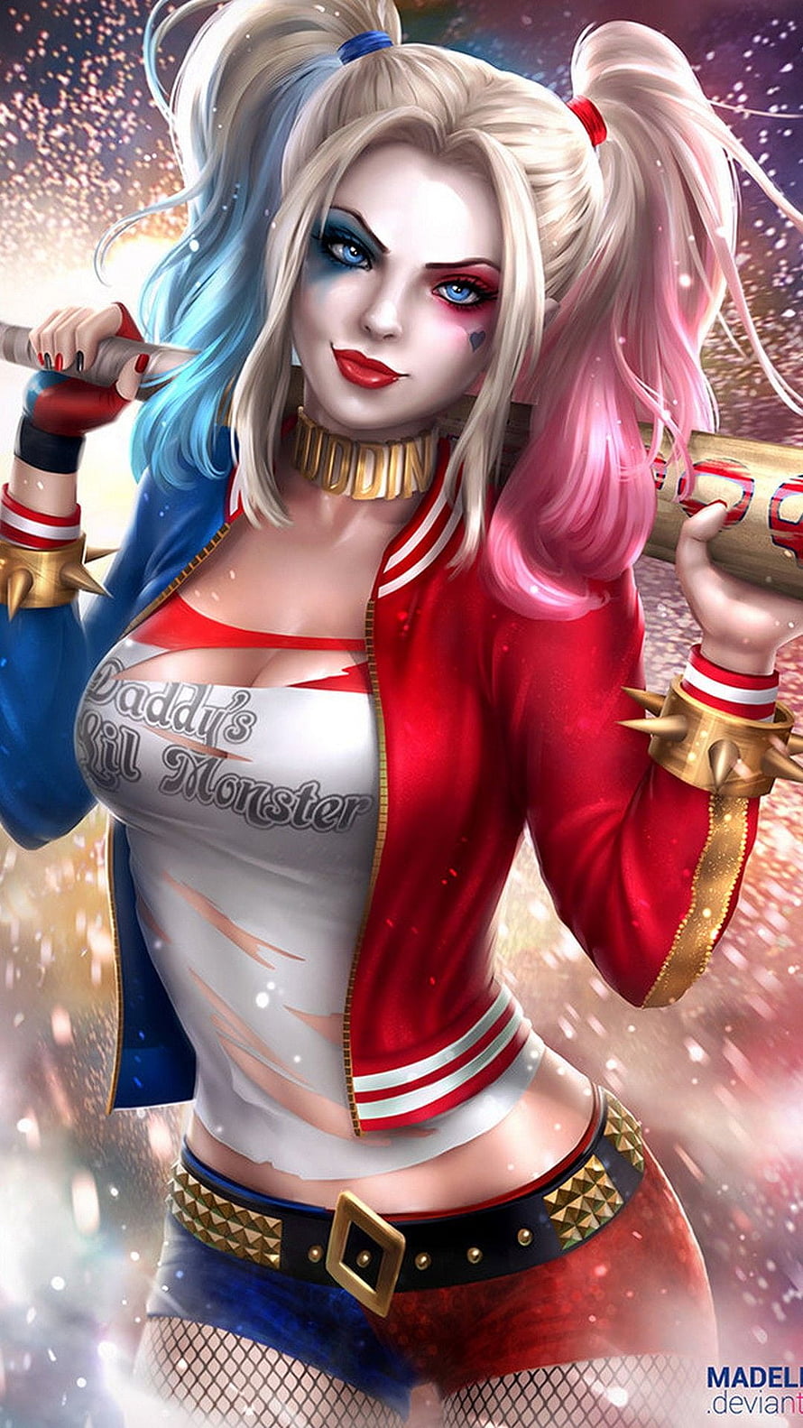Harley Quinn Digital Art Portrait in Red and Blue Jacket with Baseball Bat HD phone wallpaper