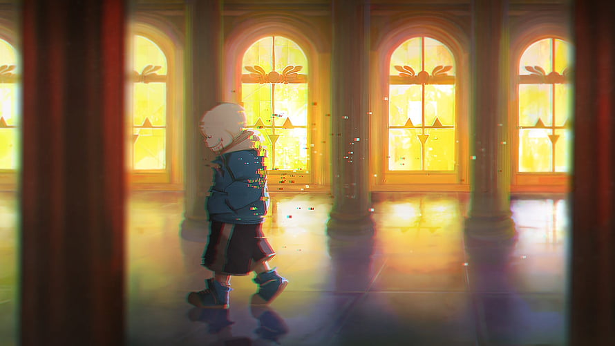 Sans from Undertale Walking Through a Sunlit Grand Hallway HD wallpaper
