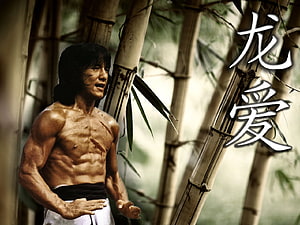 Jackie Chan shirtless in bamboo forest with Chinese calligraphy HD wallpaper