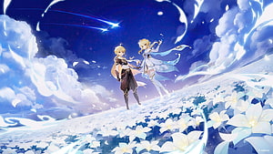 Aether and Lumine Walking Through a Field of White Flowers Under a Starry Sky in Genshin Impact HD wallpaper