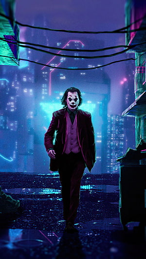 Joker Walking Through Neon-Lit Cyberpunk Cityscape at Night HD phone wallpaper