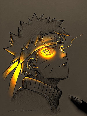 Naruto Uzumaki glowing eye anime sketch with pen and warm golden light HD phone wallpaper