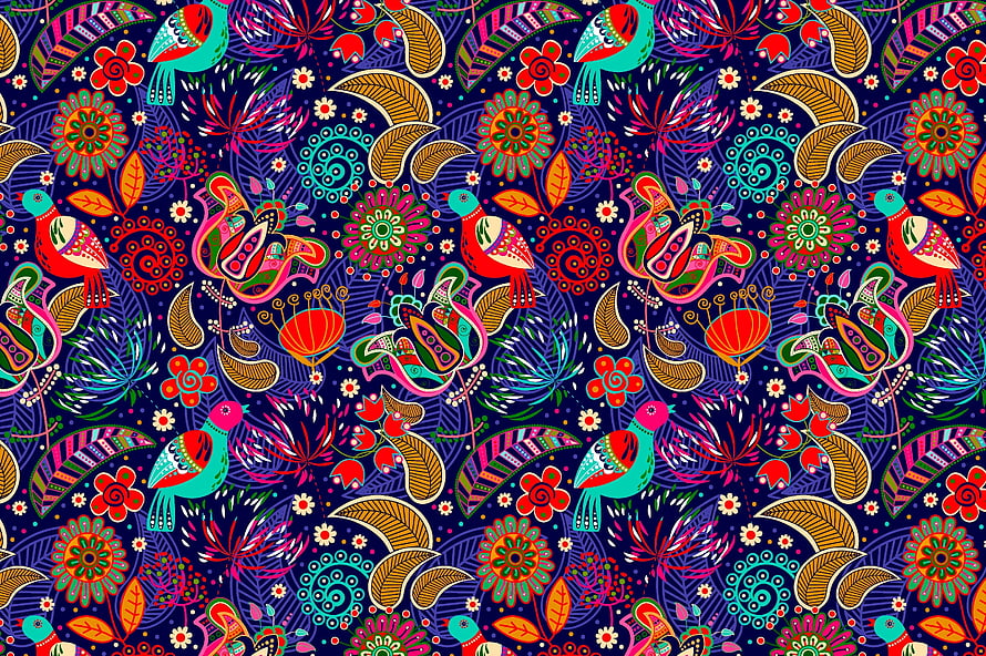 Vibrant Folk Art Pattern Featuring Stylized Birds, Flowers, and Leaves on a Deep Blue Background HD wallpaper