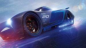 A sleek futuristic concept race car with glowing blue accents and the number 20 speeding along a wet track at dusk HD wallpaper