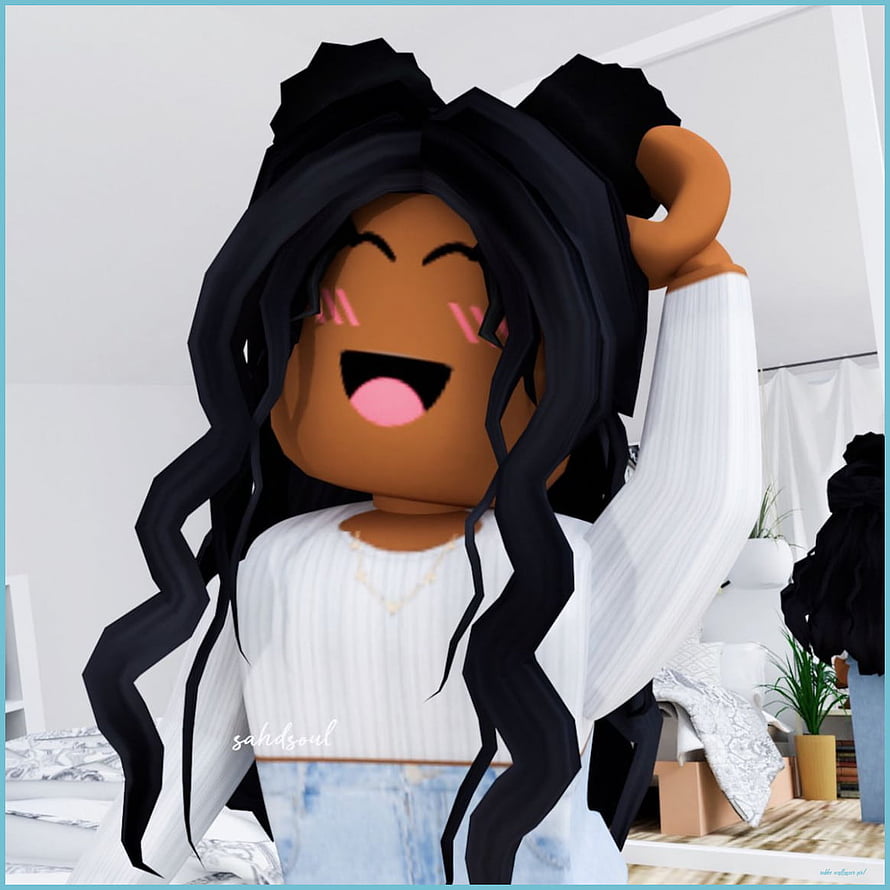 Cheerful Roblox Girl with Long Black Hair and White Top in Bright Room HD phone wallpaper