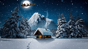 Santa Claus sleigh flying over a snow-covered cabin with Christmas lights under a full moon HD wallpaper