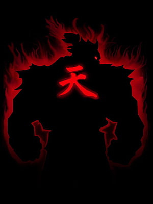 Akuma Silhouette with Red Flame Aura and Kanji Symbol from Street Fighter HD phone wallpaper