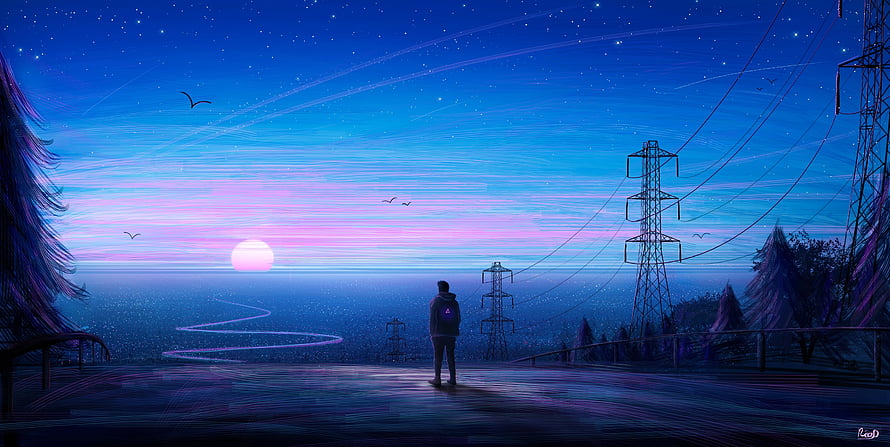 Lone Figure Gazing at a Glowing Sunset Over a Vast Blue Landscape with Power Lines HD wallpaper