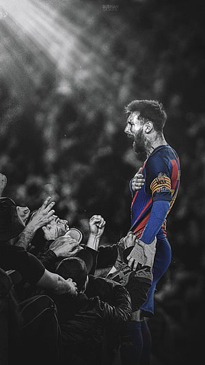 Lionel Messi Celebrates With Fans In Dramatic Black And White Stadium Shot HD phone wallpaper