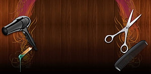 Hair Salon Tools on Dark Wood Background with Scissors, Comb, and Hair Dryer HD wallpaper