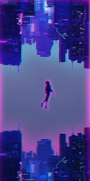 Spider-Man Into The Spider-Verse Glitch Art with Neon Purple and Pink City Skyline HD phone wallpaper