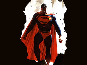 Alex Ross Superman Illustration with Dramatic Backlight and Flowing Red Cape HD wallpaper