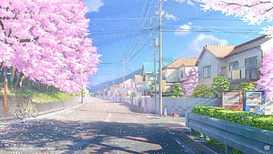 Anime Japanese Street Scene With Cherry Blossoms, Houses, and Vending Machines HD wallpaper