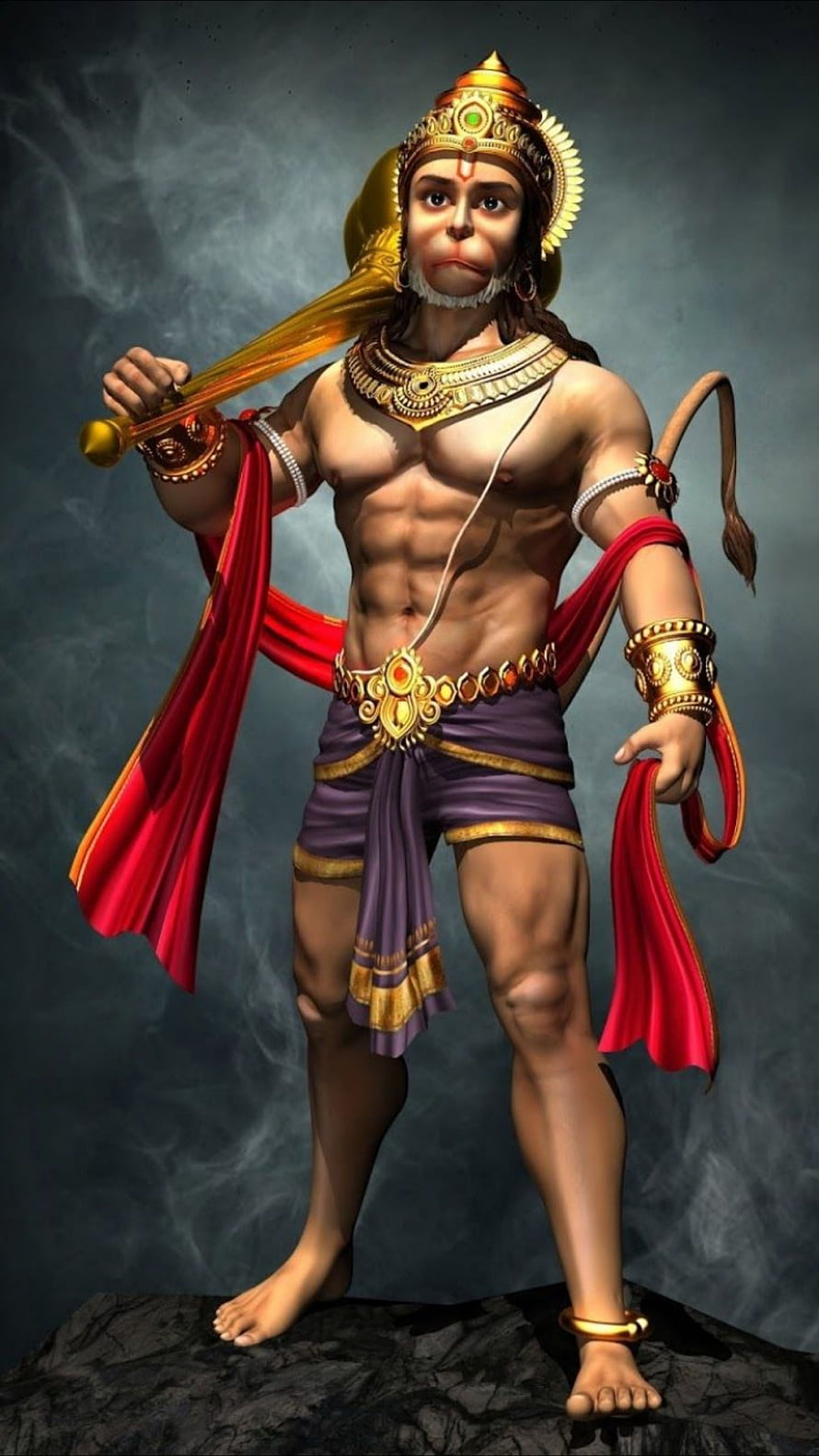 Hanuman Digital Art: Majestic Warrior God in Golden Crown and Red Drape HD phone wallpaper